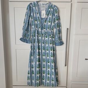 Striped Floral V-Neck Maxi Dress in Blue & Green